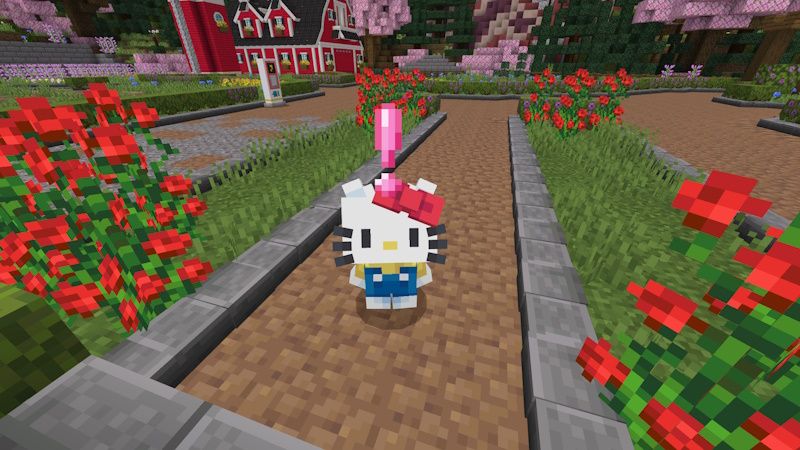 Spawn area - Central hub with portals, meeting spots and little shops. Hello Kitty character in Minecraft garden scene.